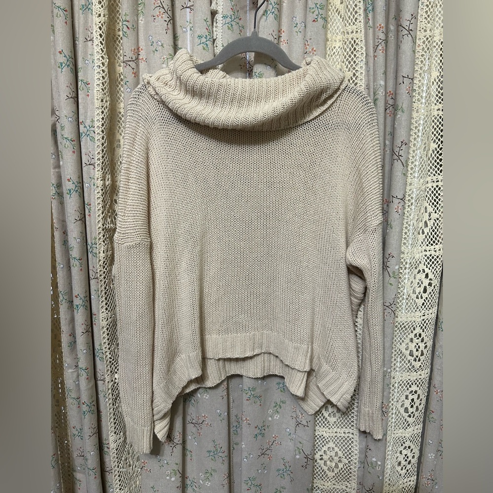 Wooden Ships Cream Cowl Neck Open Knit Contrast Trim Oversized Sweater Size XS